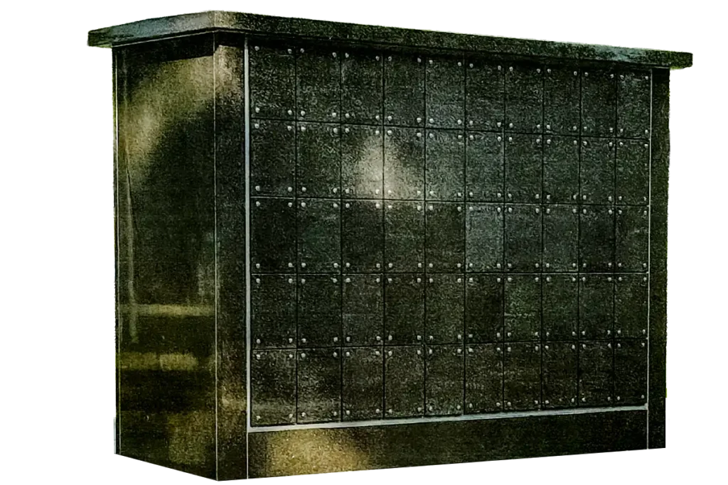 Black granite columbarium structure with niches that hold cremation urns